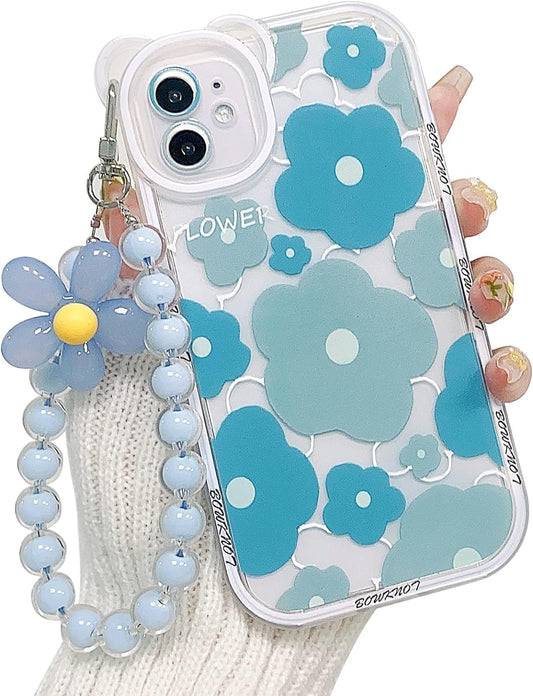 Clear Blue Floral Print Phone Case With Charm