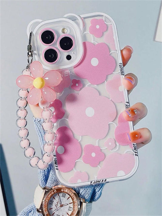 Clear Pink Floral Print Phone Case With Charm